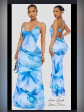 FASHION NOVA Anna Mesh Maxi Dress - Blue/combo- SMALL
